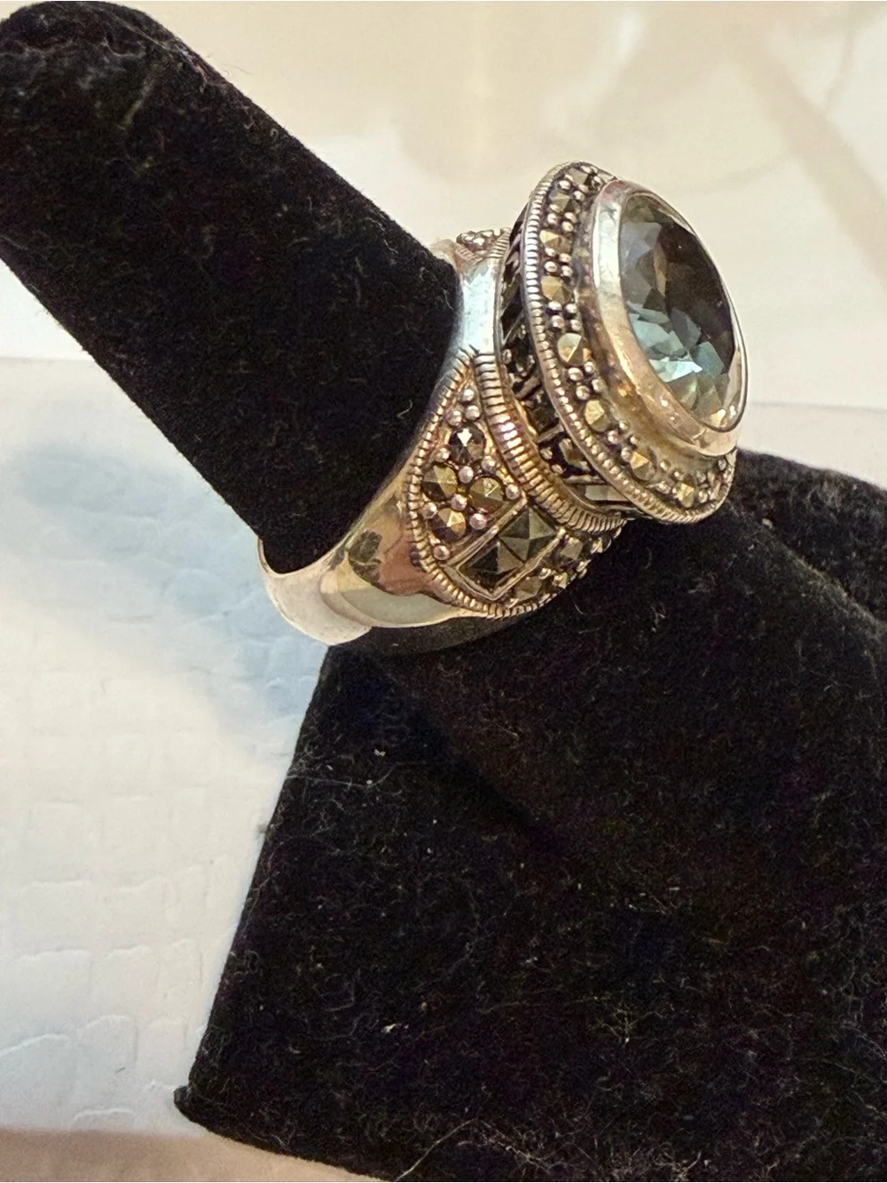 Vintage Art Deco sterling silver Prasiolite marcasite ring